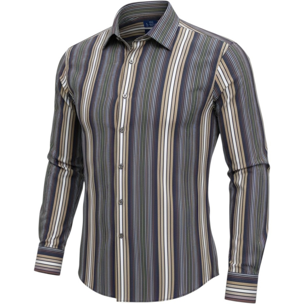Paul Fredrick Mens Large Long Sleeve Cotton Striped Button Down Shirt Brown Blue
